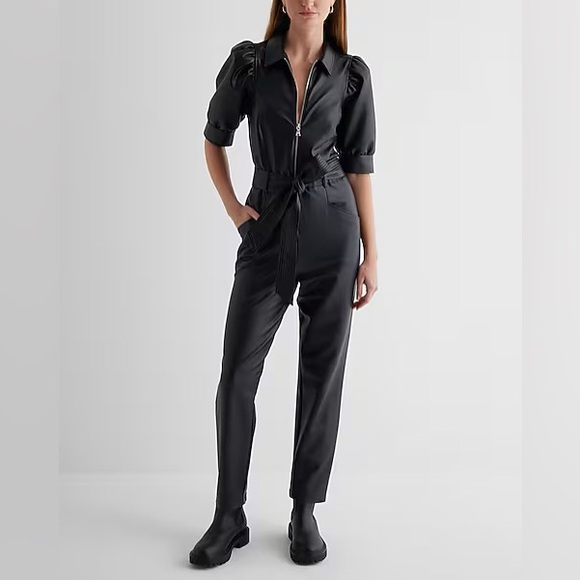 NWT Express L Faux Leather Black Puff Sleeve Tie Waist Straight Leg Jumpsuit - Picture 3 of 11